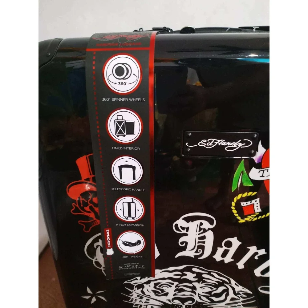 Ed Hardy Hardside Luggage Black Tiger Eagle Skull 32 Inch Spinner Suitcase NEW
